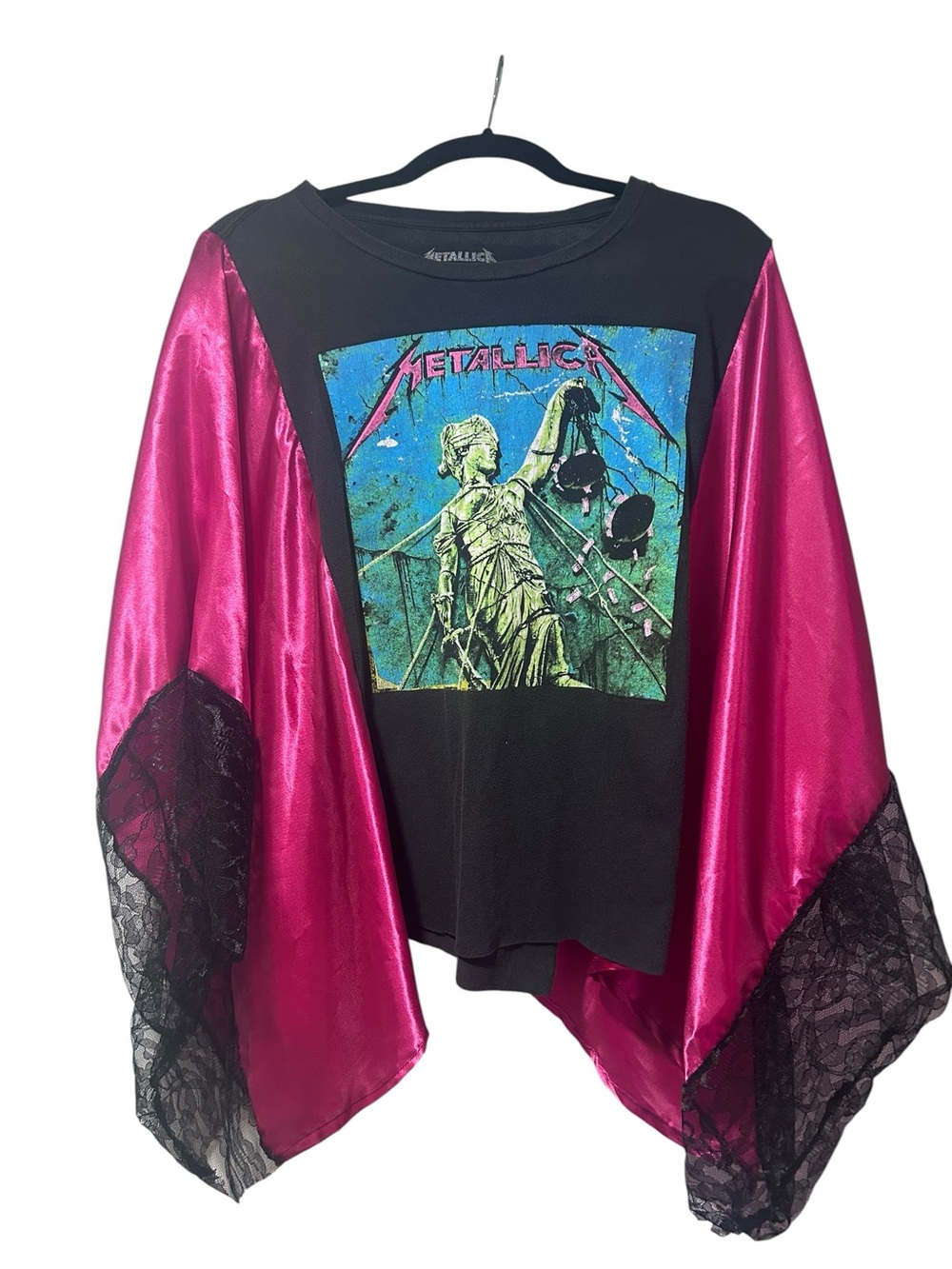 Upcycled Metallica Band Tee Pink Satin Lace Kimono Bell Sleeve Top OS